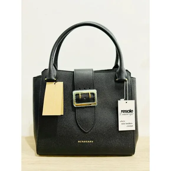 NWT Burberry Large Black Grained Leather Tote Handbag with Buckle - Picture 2 of 7